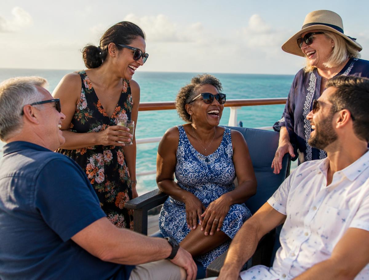 A small group of adults laughing together on a ship deck