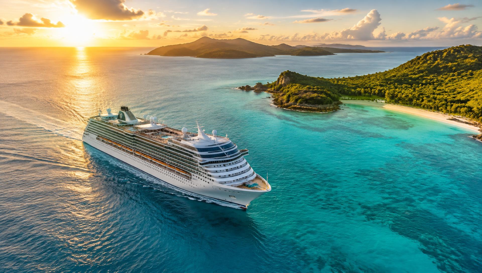 A cruise ship sailing through turquoise Caribbean water past a tropical island at golden hour